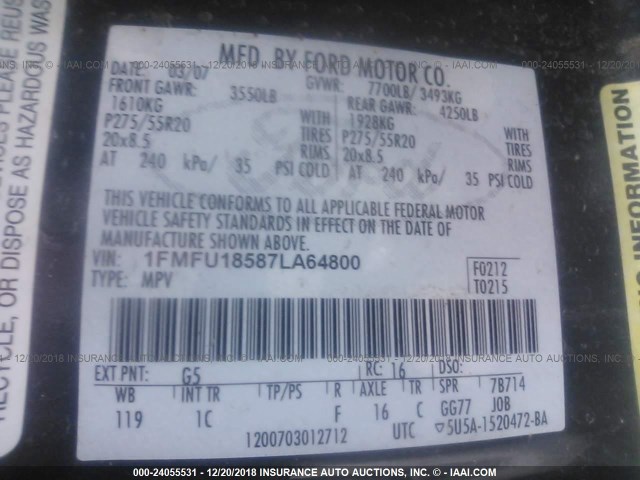 1FMFU18587LA64800 - 2007 FORD EXPEDITION EDDIE BAUER GRAY photo 9