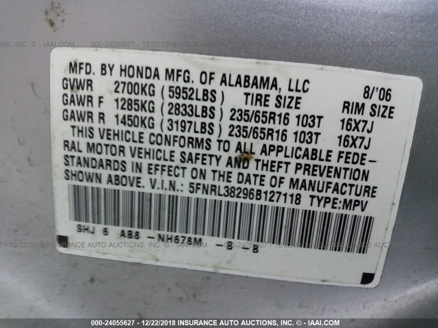 5FNRL38296B127118 - 2006 HONDA ODYSSEY LX SILVER photo 9