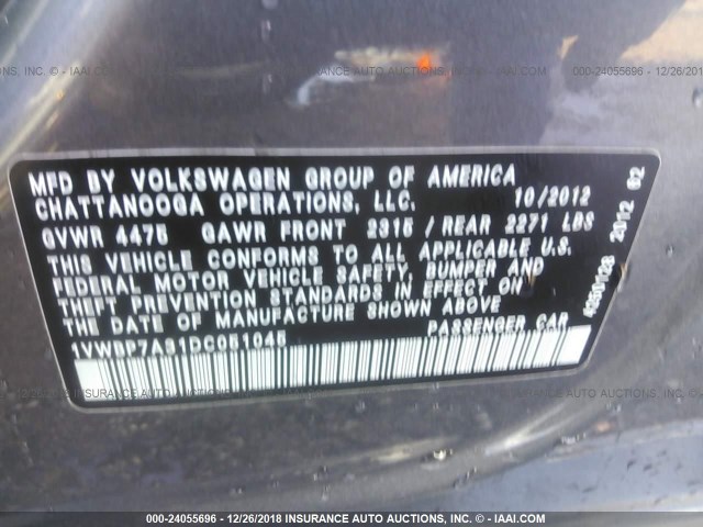 1VWBP7A31DC051045 - 2013 VOLKSWAGEN PASSAT SE GRAY photo 9