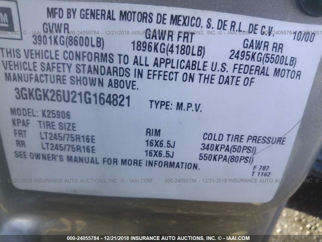 3GKGK26U21G164821 - 2001 GMC YUKON XL K2500 Pewter photo 9