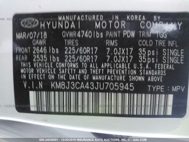 KM8J3CA43JU705945 - 2018 HYUNDAI TUCSON SEL/SEL PLUS WHITE photo 9