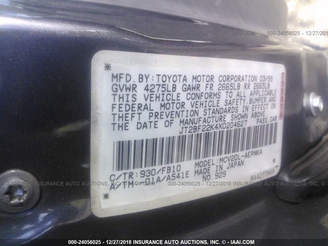 JT2BF22K4X0204627 - 1999 TOYOTA CAMRY LE/XLE 灰色 照片 9
