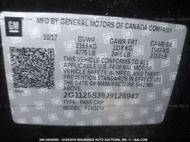 2G1125S39J9126943 - 2018 CHEVROLET IMPALA PREMIER BLACK photo 9