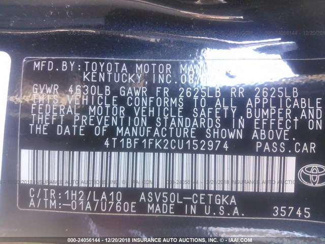 4T1BF1FK2CU152974 - 2012 TOYOTA CAMRY SE/LE/XLE BLACK photo 9