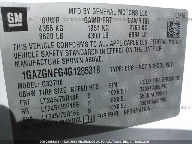 1GAZGNFG4G1285318 - 2016 CHEVROLET EXPRESS G3500 LS WHITE photo 9