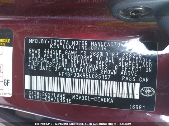 4T1BF30K95U085197 - 2005 TOYOTA CAMRY LE/XLE/SE MAROON photo 9