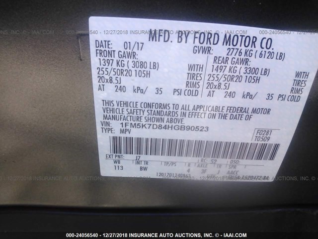 1FM5K7D84HGB90523 - 2017 FORD EXPLORER XLT GRAY photo 9