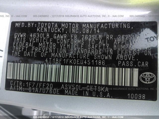 4T1BF1FK0EU451186 - 2014 TOYOTA CAMRY L/SE/LE/XLE 银色 照片 9