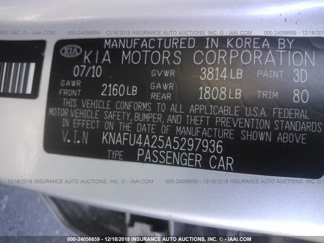 KNAFU4A25A5297936 - 2010 KIA FORTE EX SILVER photo 9