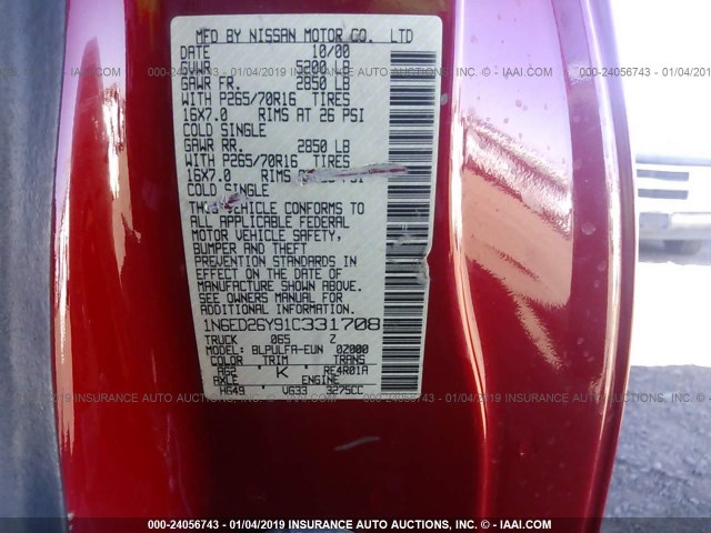 1N6ED26Y91C331708 - 2001 NISSAN FRONTIER KING CAB XE/KING CAB SE RED photo 9