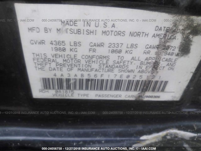 4A3AB56F17E025121 - 2007 MITSUBISHI GALANT ES PREMIUM/LS PREMIUM BLACK photo 9