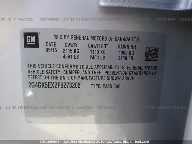 2G4GK5EX2F9273205 - 2015 BUICK REGAL SILVER photo 9