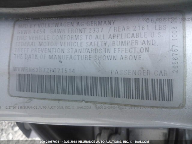 WVWRH63B72P071514 - 2002 VOLKSWAGEN PASSAT GLX 银色 照片 9