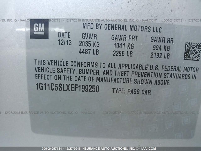 1G11C5SLXEF199250 - 2014 CHEVROLET MALIBU 1LT 灰色 照片 9