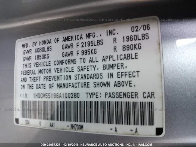 1HGCM55196A100280 - 2006 HONDA ACCORD VALUE SILVER photo 9