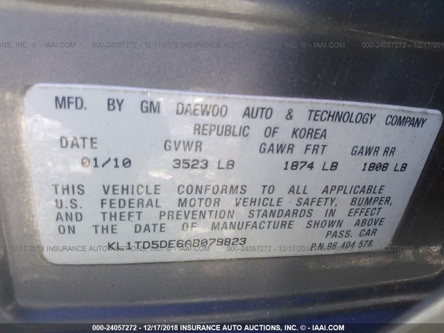 KL1TD5DE6AB079823 - 2010 CHEVROLET AVEO LS/LT 灰色 照片 9