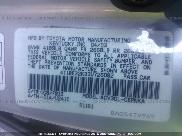 4T1BE32K33U726082 - 2003 TOYOTA CAMRY LE/XLE/SE SILVER photo 9