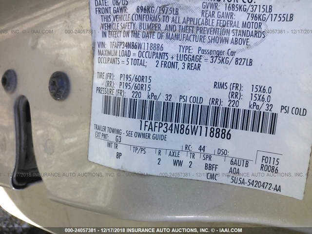 1FAFP34N86W118886 - 2006 FORD FOCUS ZX4 GOLD photo 9