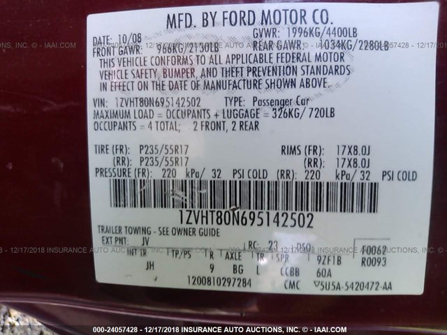 1ZVHT80N695142502 - 2009 FORD MUSTANG RED photo 9