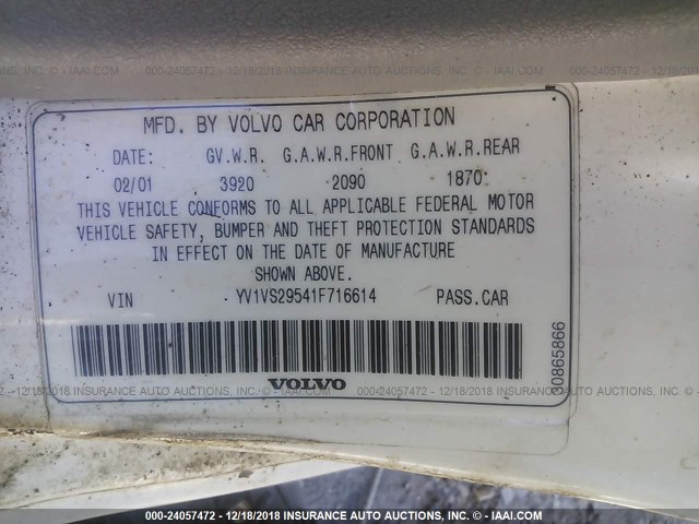 YV1VS29541F716614 - 2001 VOLVO S40 1.9T WHITE photo 9