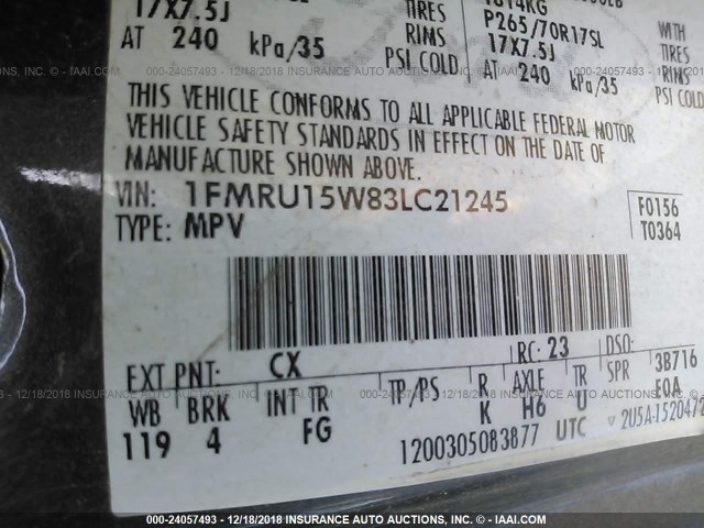 1FMRU15W83LC21245 - 2003 FORD EXPEDITION XLT GRAY photo 9