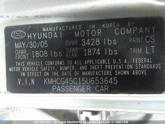 KMHCG45C15U653645 - 2005 HYUNDAI ACCENT GL SILVER photo 9