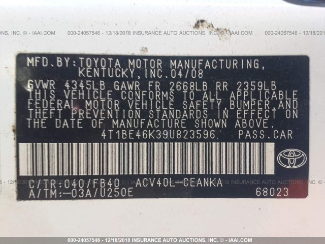 4T1BE46K39U823596 - 2009 TOYOTA CAMRY WHITE photo 9