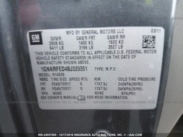 1GNKRFED4BJ329351 - 2011 CHEVROLET TRAVERSE LS GRAY photo 9