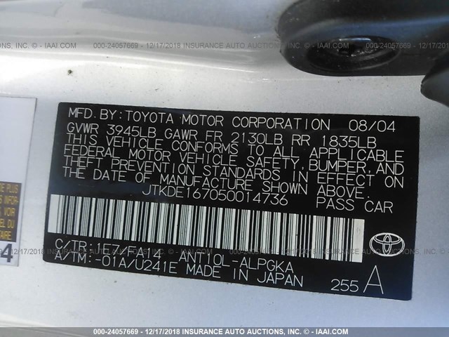 JTKDE167050014736 - 2005 TOYOTA SCION TC Gümüş foto 9