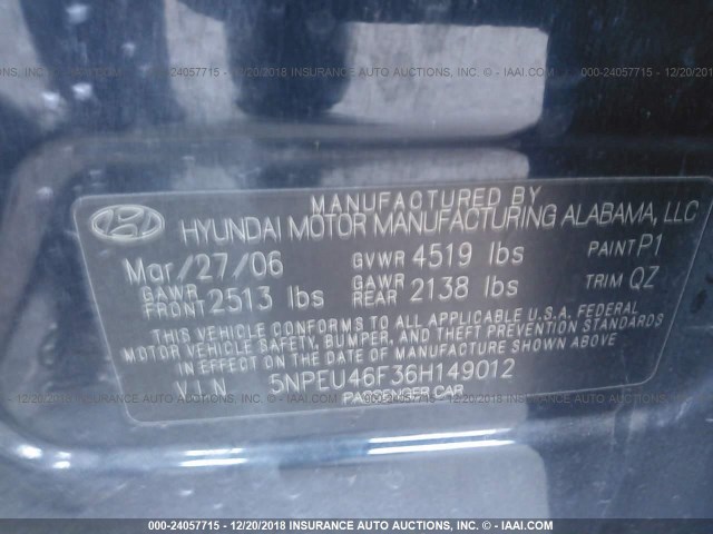 5NPEU46F36H149012 - 2006 HYUNDAI SONATA GLS/LX BLACK photo 9