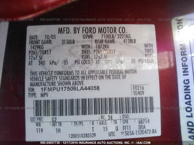 1FMPU17506LA44058 - 2006 FORD EXPEDITION RED photo 9