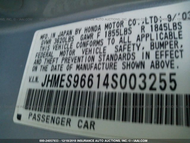 JHMES96614S003255 - 2004 HONDA CIVIC HYBRID BLUE photo 9