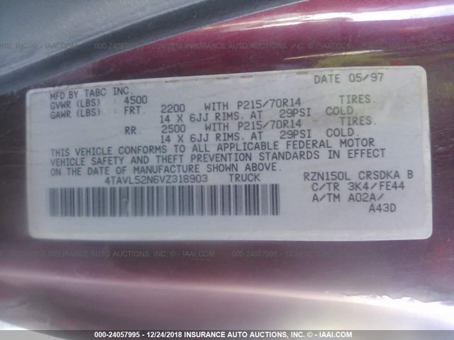 4TAVL52N6VZ318903 - 1997 TOYOTA TACOMA XTRACAB BURGUNDY photo 9