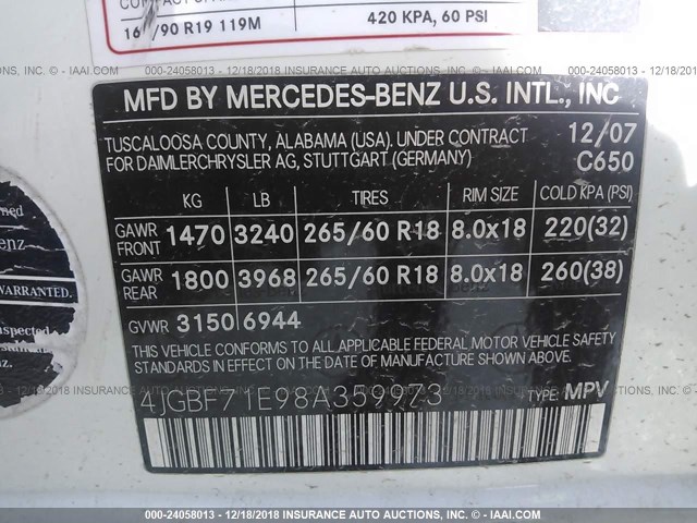 4JGBF71E98A359973 - 2008 MERCEDES-BENZ GL 450 4MATIC WHITE photo 9