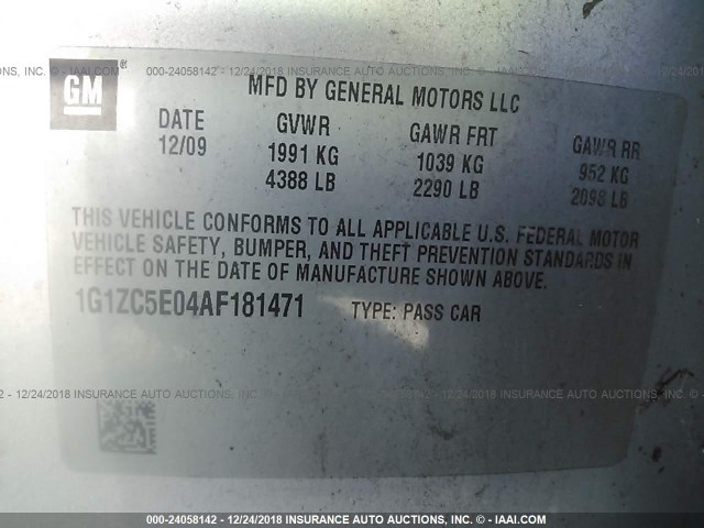 1G1ZC5E04AF181471 - 2010 CHEVROLET MALIBU 1LT SILVER photo 9