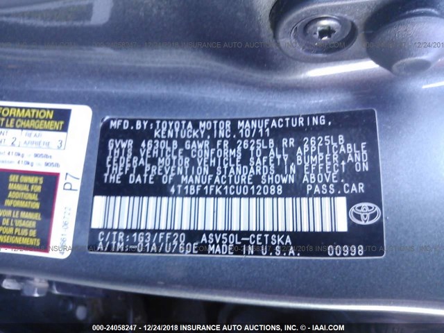 4T1BF1FK1CU012088 - 2012 TOYOTA CAMRY SE/LE/XLE 灰色 照片 9