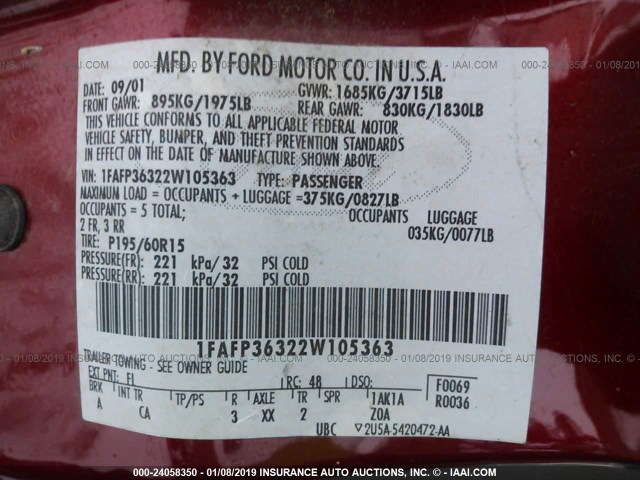 1FAFP36322W105363 - 2002 FORD FOCUS SE/SE COMFORT/ZTW/SE SPRT RED photo 9