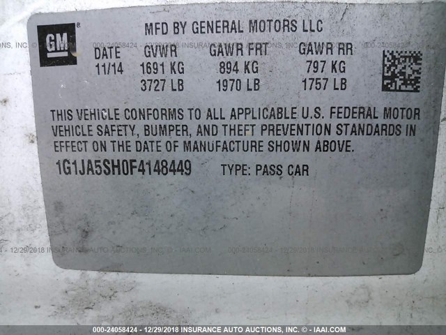 1G1JA5SH0F4148449 - 2015 CHEVROLET SONIC LS WHITE photo 9