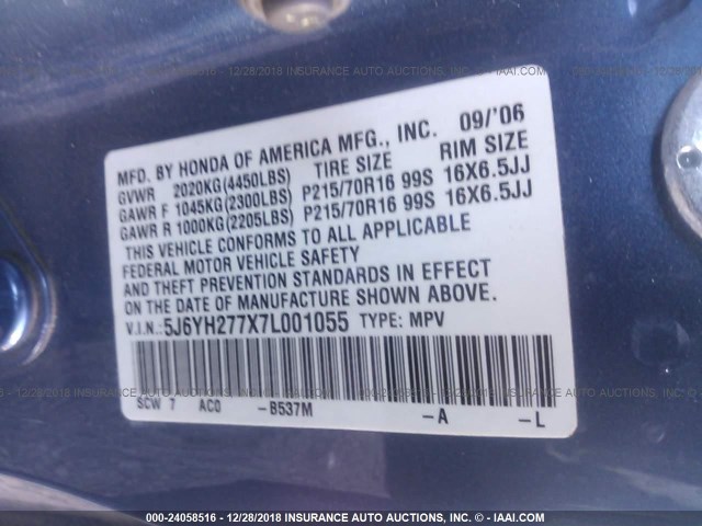 5J6YH277X7L001055 - 2007 HONDA ELEMENT EX BLUE photo 9