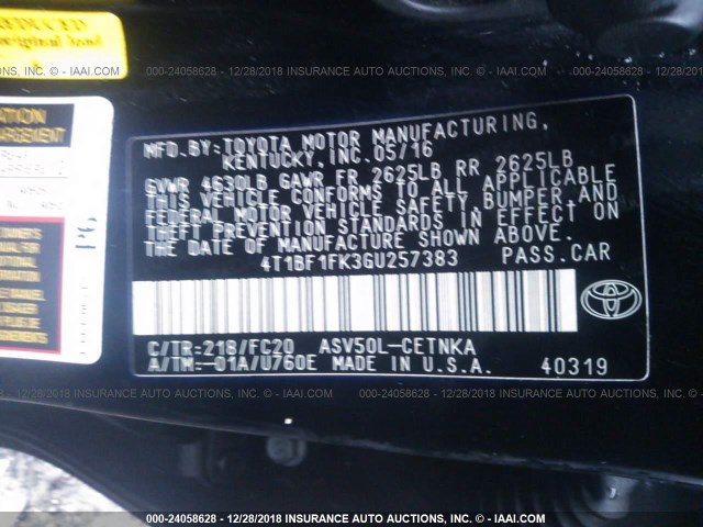 4T1BF1FK3GU257383 - 2016 TOYOTA CAMRY LE/XLE/SE/XSE BLACK photo 9