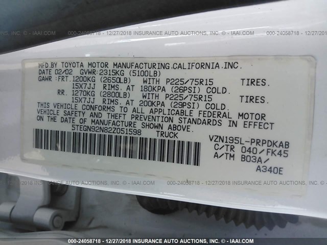 5TEGN92N82Z051598 - 2002 TOYOTA TACOMA DOUBLE CAB PRERUNNER WHITE photo 9