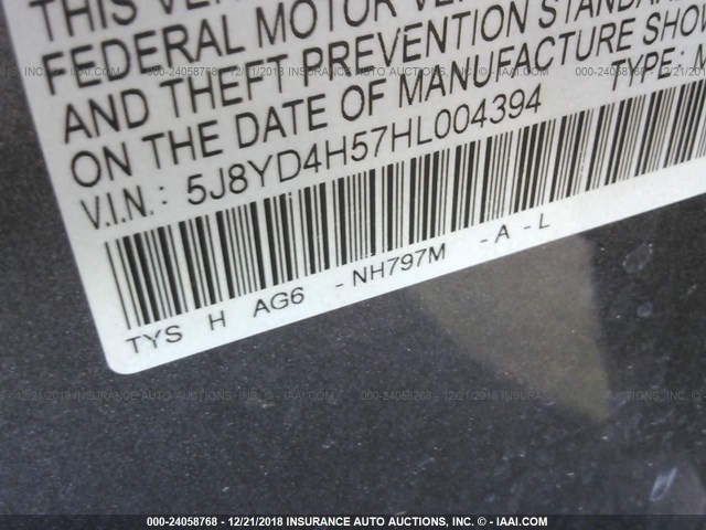 5J8YD4H57HL004394 - 2017 ACURA MDX TECHNOLOGY GRAY photo 9