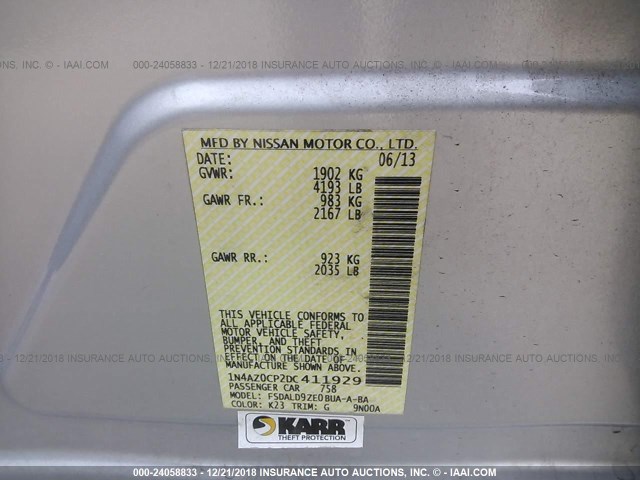 1N4AZ0CP2DC411929 - 2013 NISSAN LEAF S/SV/SL SILVER photo 9