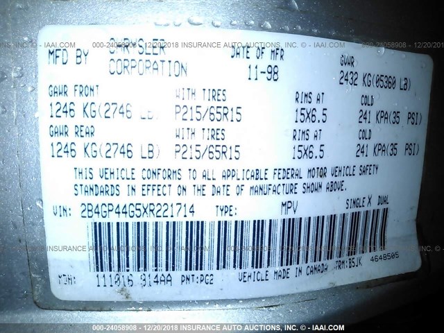 2B4GP44G5XR221714 - 1999 DODGE GRAND CARAVAN SE/SPORT GREEN photo 9