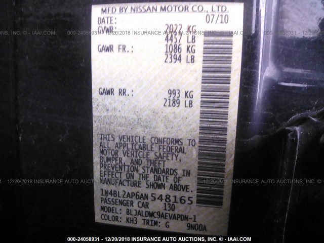 1N4BL2AP6AN548165 - 2010 NISSAN ALTIMA SR BLACK photo 9