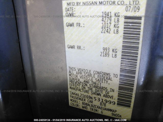 1N4AL21E69N531999 - 2009 NISSAN ALTIMA 2.5/2.5S GRAY photo 9