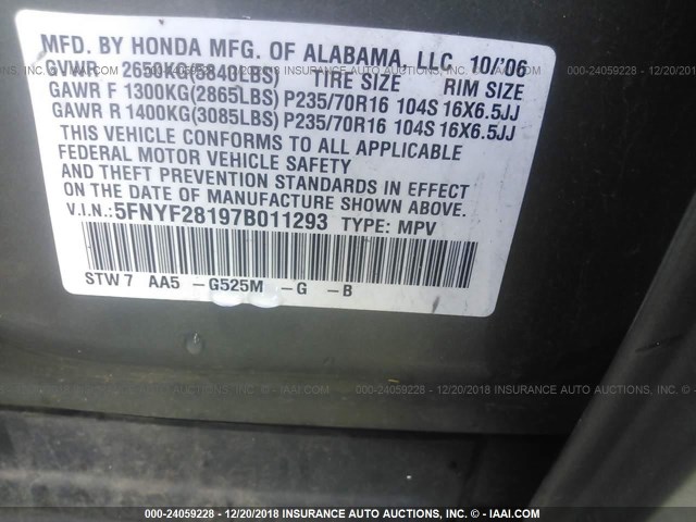 5FNYF28197B011293 - 2007 HONDA PILOT LX GREEN photo 9