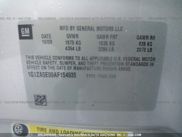 1G1ZA5E09AF154935 - 2010 CHEVROLET MALIBU LS SILVER photo 9