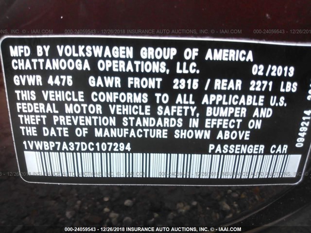 1VWBP7A37DC107294 - 2013 VOLKSWAGEN PASSAT SE MAROON photo 9