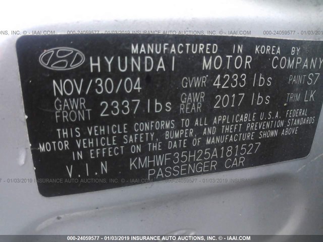 KMHWF35H25A181527 - 2005 HYUNDAI SONATA GLS/LX SILVER photo 9